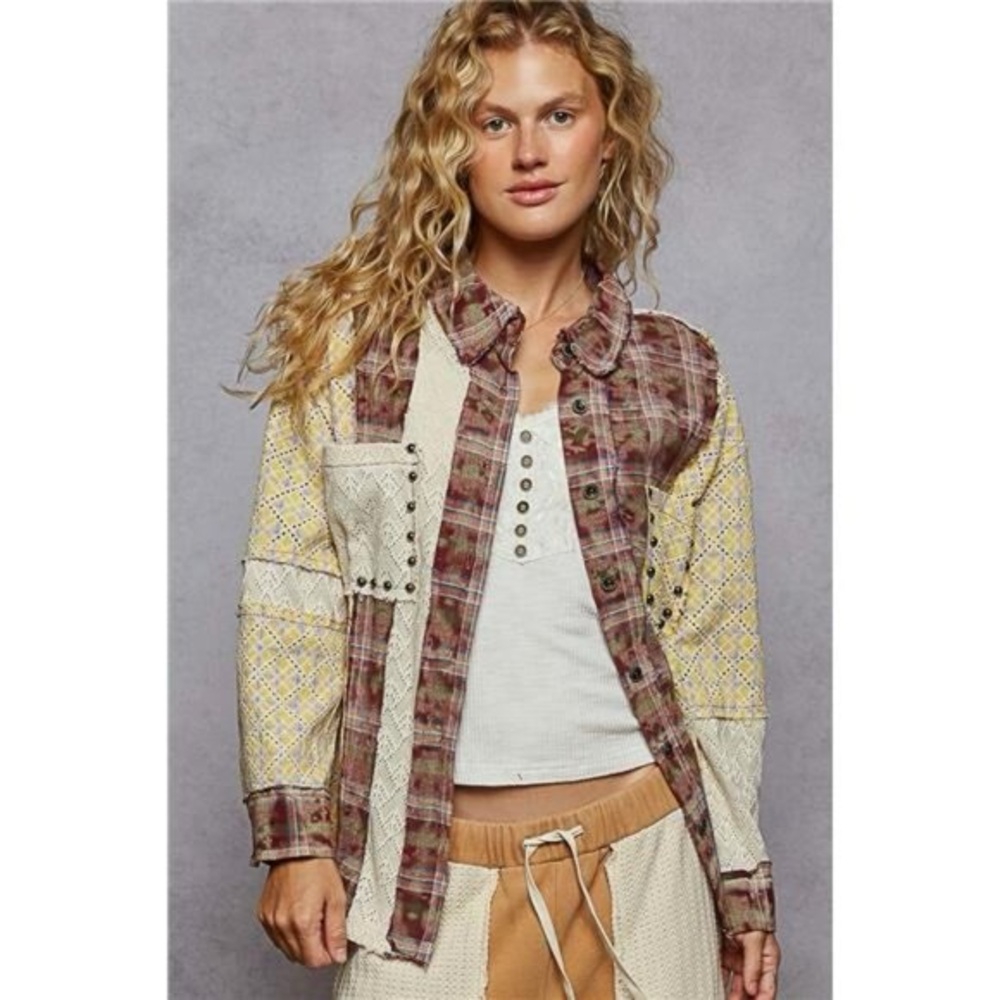 Pol Mixed Media Patchwork Button Down Shirt | Ove… - image 1